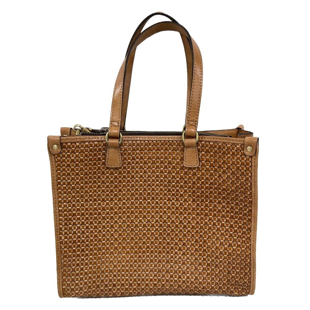 Patricia Nash Ava Crossbody Sand Brown Woven Medium Tote Leather Strap EUC